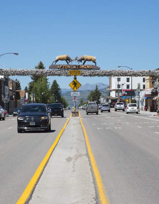 Iconic elk antler arch over a street in Afton, Lincoln County, Wyoming.